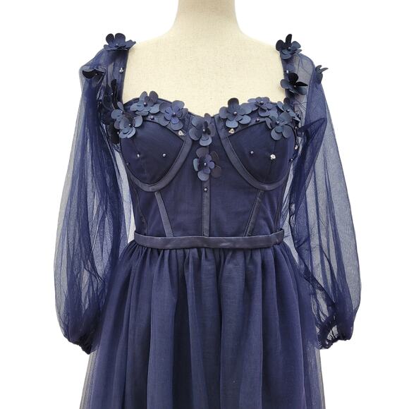 NWT Navy Blue Tulle Gown with Long Sleeves Floral Bodice Corset - Picture 3 of 10